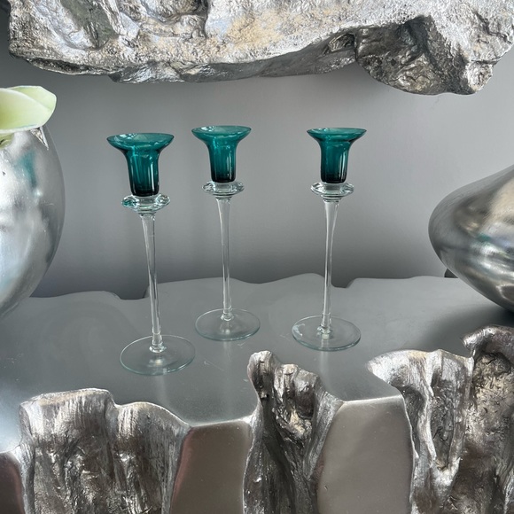 COPY - A set of two 1960s vintage mid century, modern teal blue candle stick ho… - Picture 1 of 12
